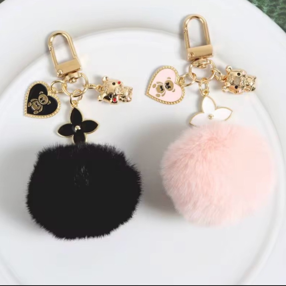 Choice of One of Four Elegant Pearl and Pom Pom Keychain Set/ Purse Charm - Picture 2 of 6